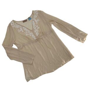 Sheer Beige silk Long Sleeve Embroidered Blouse Tie Waist  flowy boho feminine m